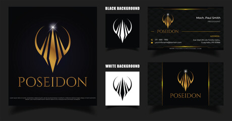 Trident Poseidon Logo. Simple and Luxurious Capital Group Company Logo Design With Business card design