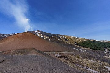 Mount Etna in Sicily, Italy. View of ash, solidified lava and residual vegetation.