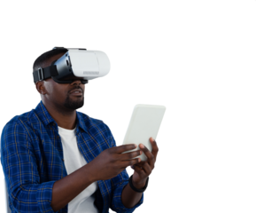 Man using virtual reality headset and digital tablet