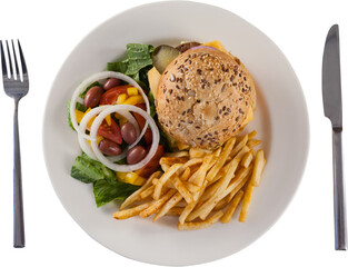 Hamburger, french fries, and salad in plate