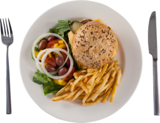 Hamburger, french fries, and salad in plate