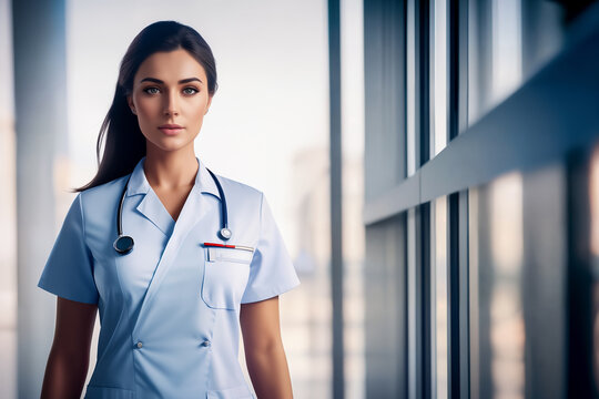 Portrait of an attractive young female surgeon doctor with make-up and black long hair near a hospital in a big city in a white uniform. Generative AI.