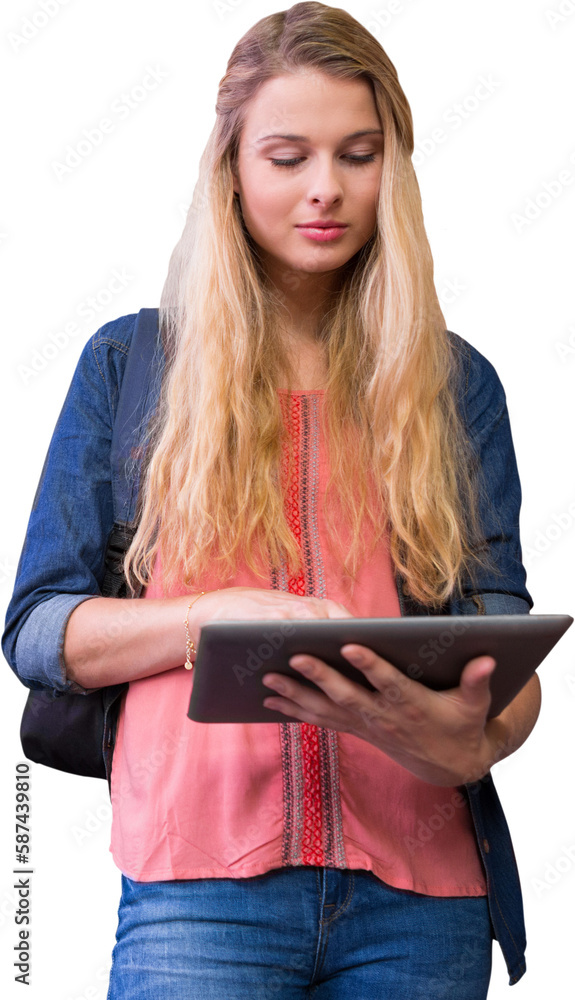 Poster student using tablet in library