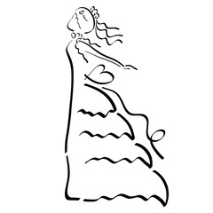 lovely young lady in a long magnificent dress, beautiful feelings, black outline on a white background