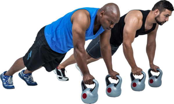 Strong friends using kettlebells together