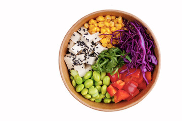 Bowl of tofu and quinoa on white
background for online restaurant menu