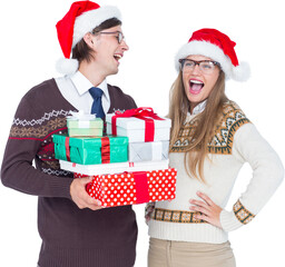 Geeky hipster couple holding presents 