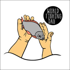 fisherman holds in his hands big caught fresh fish. World Fishing Day. man stands with prey of fish. I love fishing. Day of the fisherman. World Wetlands Day. Favorite hobby.