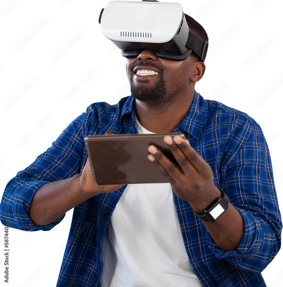 Poster man using virtual reality headset and digital tablet