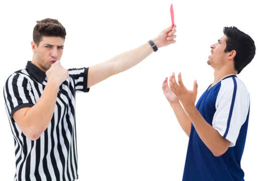 Portrait of referee showing red card to a player - Powered by Adobe