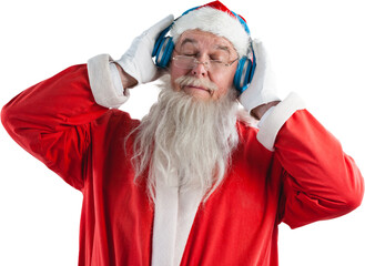 Santa Claus listening to music on headphones with eye closed