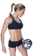 Female blonde bodybuilder holding large black dumbbell 