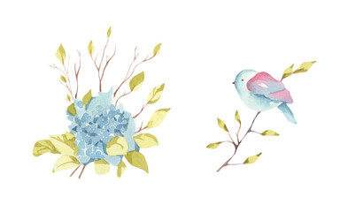 Watercolor bird nests with flower wreath, branch illustrations isolated with sticker sheet for spring designs, wedding invitations, postcards