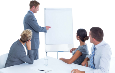 Manager presenting whiteboard to his colleagues
