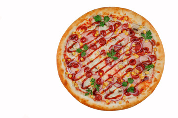 Barbecue pizza with ham, mushrooms, hunting sausages, corn, pickled onions, barbecue sauce on
background for online restaurant menu