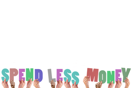 Colorful alphabet spelling spend less money held up by people  - Powered by Adobe