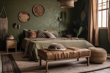 Boho bedroom with olive walls and two leather ottomans. Generative AI