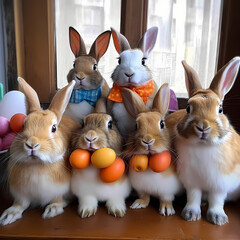 Fototapeta premium Easter bunny surrounded by Easter eggs