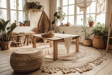Plant on wooden table next to basket in white bohemian room with beige carpet. Generative AI