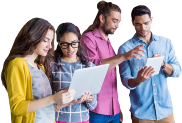 Business people discussing against white background