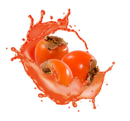  group of persimmons surrounded by splashes of fruit juice
