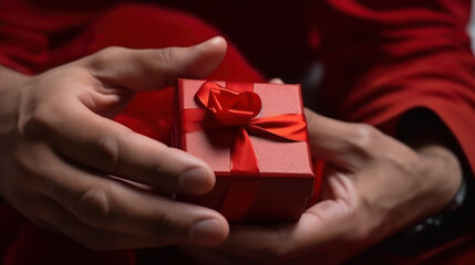 male hands holding a red gift box to a woman, female holiday gift generative ai