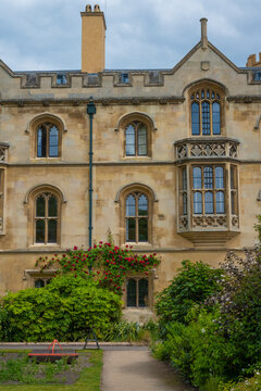 Medieval architecture and historical windows of Nevile's Court at Trinity College in Cambridge