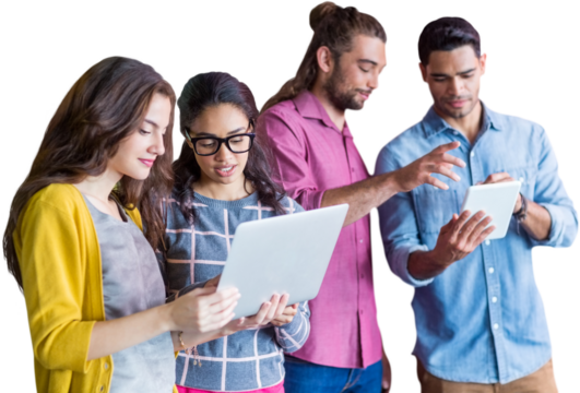 Business people discussing against white background