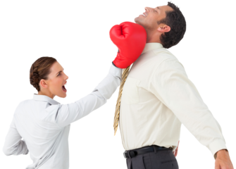 Businesswoman hitting a businessman with boxing gloves