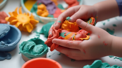 children playing with colorful plasticine generative ai - obrazy, fototapety, plakaty