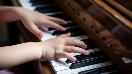 Obraz premium child hands learning to play the piano, music school generative ai