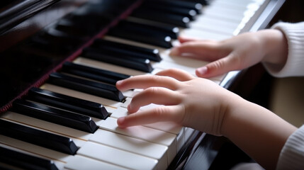 Fototapeta na wymiar child hands learning to play the piano, music school generative ai