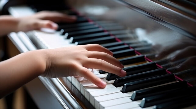 child hands learning to play the piano, music school generative ai