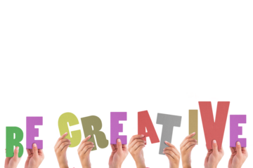 Cropped hands holding colorful words be creative 