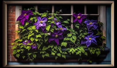 Fototapeta premium a window with a bunch of purple flowers growing out of it. generative ai