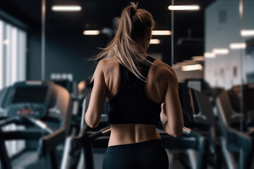 Fototapeta na wymiar girl athlete on a treadmill in the gym, sport activity generative ai