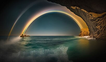  a rainbow arches over a body of water near a cliff.  generative ai