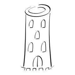 tall round tower with window arches and gates, black outline on white background
