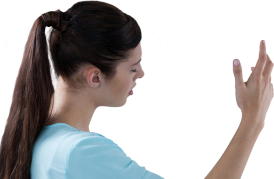 Young woman using imaginative digital screen