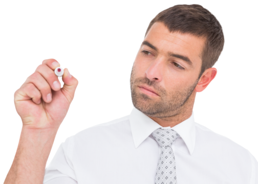 Concentrated businessman writing with marker - Powered by Adobe