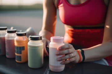 Obraz na płótnie Canvas woman and protein sports supplements drink in bottle generative ai