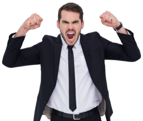 Furious businessman tensing arms muscle