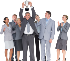 Excited business team cheering at camera with trophy