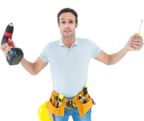 Confused technician holding screwdriver and drill machine