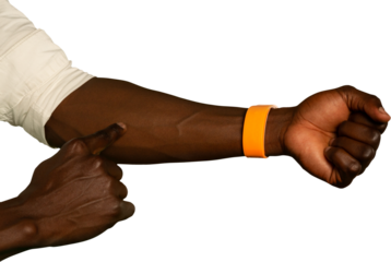 Mid-section of man gesturing on his forearm