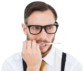 Geeky hipster biting on pencil