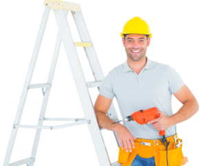 Happy handyman with power drill leaning on ladder