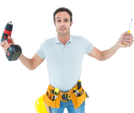 Confused technician holding screwdriver and drill machine - Powered by Adobe