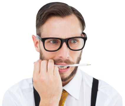 Geeky hipster biting on pencil