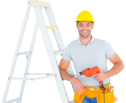 Happy handyman with power drill leaning on ladder